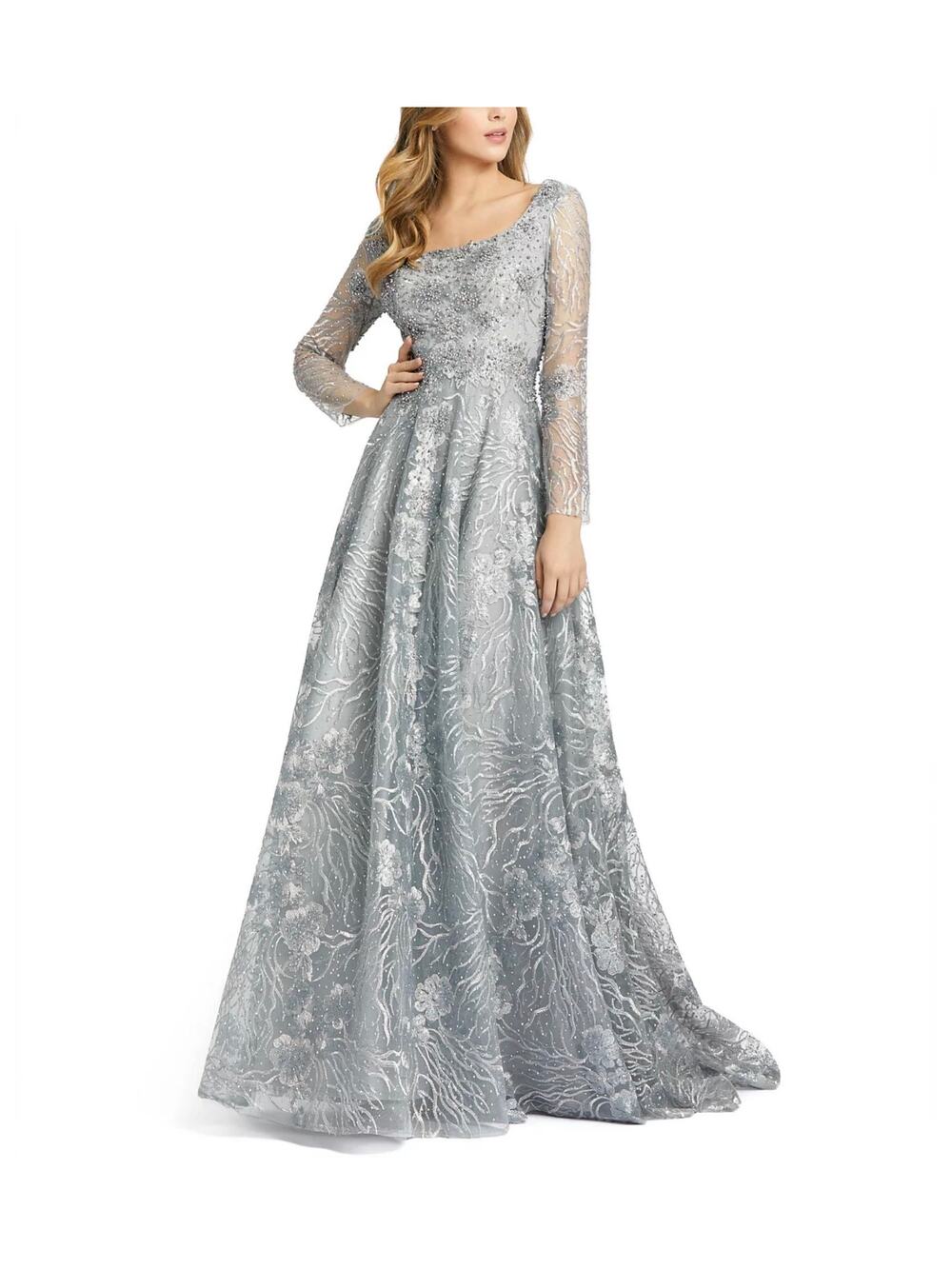 Mac Duggal 20285 Gray Evening Gown Beaded Embroidered Long Sleeve Dress Size 8